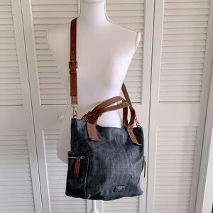 Fossil Emerson Satchel Purse Navy Blue Straw Leather Trim & Straps Crossbody Bag